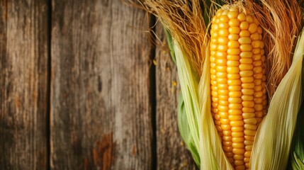 A close-up of fresh, golden corn on the cob, with its husks partially removed to reveal the plump kernels, set against a clean, rustic wooden background.