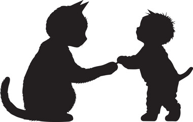 Silhouette boy and cat Playing