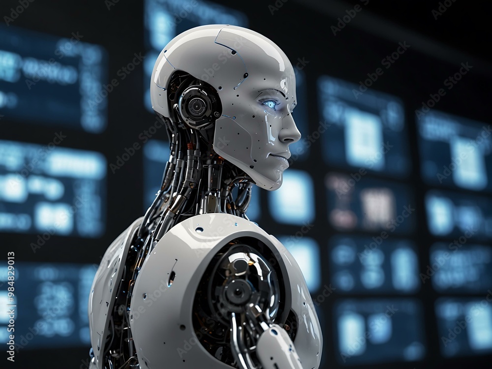 Poster futuristic robot in front of digital displays showcasing advanced ai