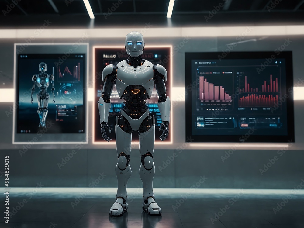 Aufkleber futuristic robot in front of digital displays showcasing advanced ai