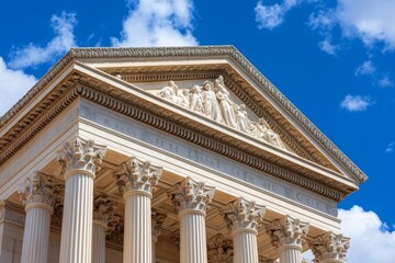 A close-up of the columns and pediment of a neoclassical building, showcasing its timeless design