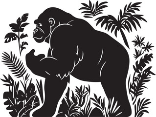 Gorilla beating its chest forest silhouette on white background