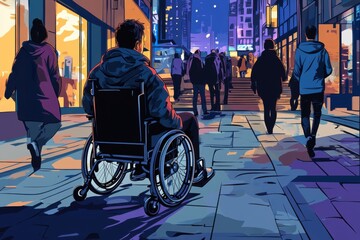 Obraz premium Evening cityscape journey: person in wheelchair navigating an urban sidewalk