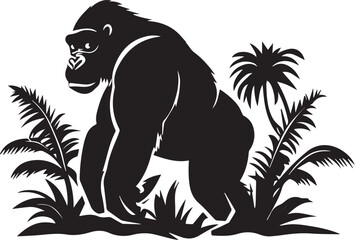 Gorilla beating its chest forest silhouette on white background