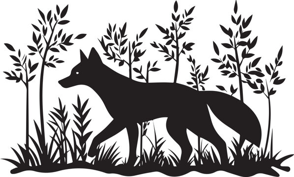 recommend clip art: Fox sneaking through the forest silhouette black and white