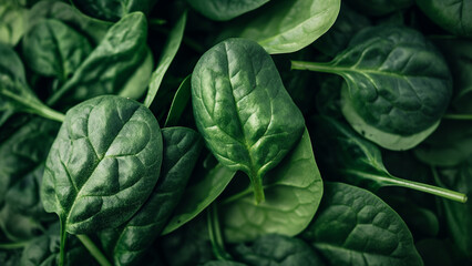 Close-up of fresh spinach leaves, highlighting vibrant green color and natural texture, ideal for healthy eating and culinary backgrounds.