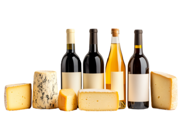 A variety of cheeses and wine bottles isolated on white background, showcasing gourmet food and drink