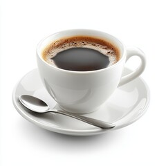 A close-up view of a steaming cup of coffee on a saucer with a spoon, representing warmth and comfort in daily routines, white background