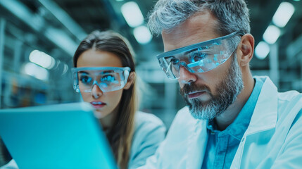 Two scientists in a lab reviewing data on a tablet.