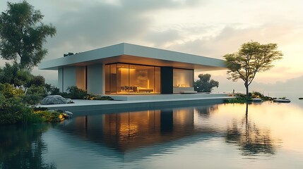 Obraz premium A minimalist building with sharp rectangular lines, standing gracefully over reflective water, with trees and plants framing the scene, symbolizing harmony between urban design and nature. 4k