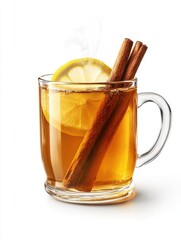 Warm and comforting beverage with lemon and cinnamon, perfect for cold days or relaxing evenings, white background