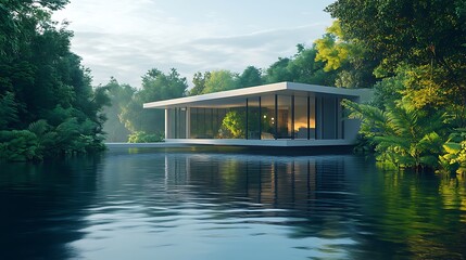 Fototapeta premium A modern rectangular building with sleek glass facades, floating over a calm, futuristic water surface surrounded by lush greenery, blending architecture with nature. 4k