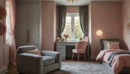 Girl’s pastel pink and grey bedroom with a vanity, wardrobe, and plush chair.