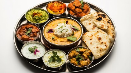 A close-up view of a rich and diverse Indian thali with an assortment of dishes like butter chicken, dal, and naan, set against a simple white background for clarity.