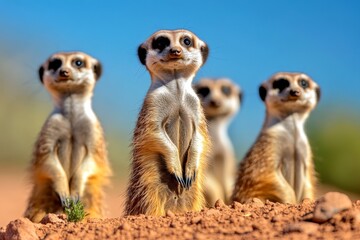 A group of meerkats standing upright, watching their surroundings in the open savanna