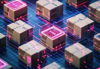 A 3D illustration of cardboard boxes on a futuristic, glowing circuit board, representing the concept of digital logistics.
