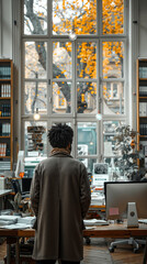 A man standing in front of a window looking out at a computer