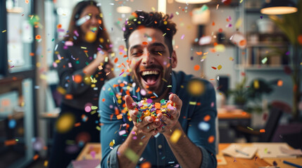 A man and woman celebrating with confetti in an office