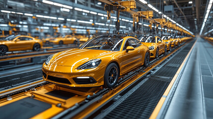 Shiny yellow cars on an assembly line in a factory.