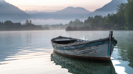 Obraz premium Old wooden boat resting on tranquil lake with misty mountain view