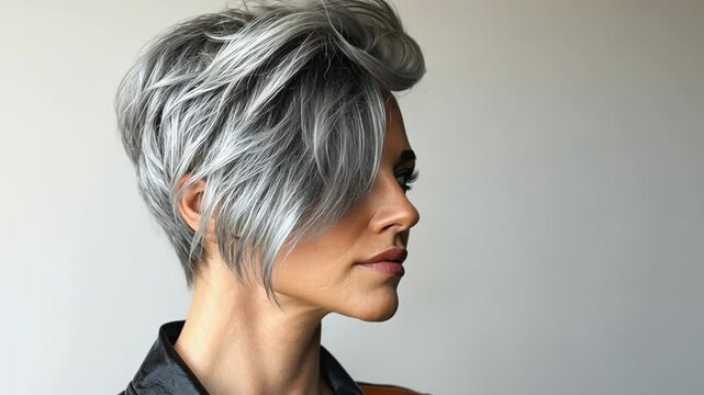 A model poses showing off an ash-colored hairstyle option