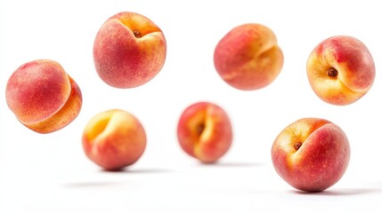 Close-up of multiple ripe peaches falling in mid-air, isolated on a clean white background.