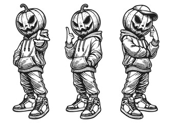 Hipster Jack-o'-Lantern in Hoodie Line Art - Halloween Characters Vector Illustration Set with Urban Style, Streetwear Vibes, Dynamic Pose, Isolated on White Background, Vibrant and Modern Design
