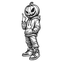 Hipster Jack-o'-Lantern in Hoodie Line Art - Halloween Character Vector Illustration with Urban Style, Streetwear Vibes, Dynamic Pose, Isolated on White Background, Vibrant and Modern Design