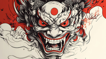 Japanese demon mask tattoo design. Yokai. Illustration