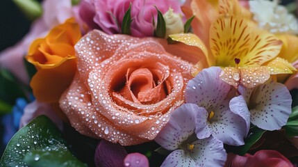 A colorful bouquet with various flowers, each adorned with droplets of water, adding a touch of natural beauty and freshness to the arrangement.