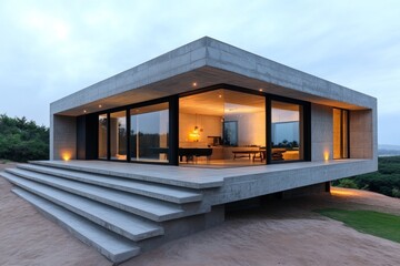 A minimalist concrete house, with clean lines and large windows, blending seamlessly into its natural surroundings