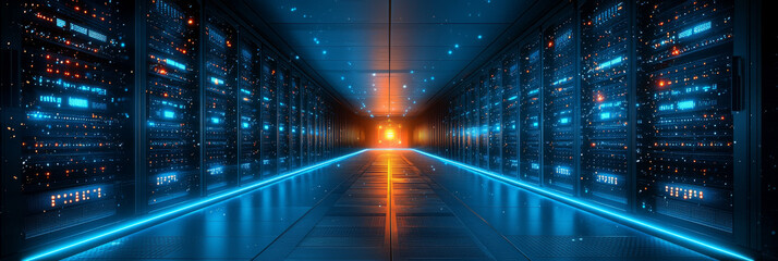 Rows of servers glow with blue and orange lights in a futuristic data center.