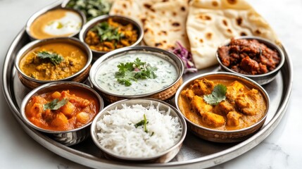 A colorful Indian thali featuring small servings of different curries, rice, raita, and naan bread, all beautifully arranged on a round metal platter with a white backdrop.