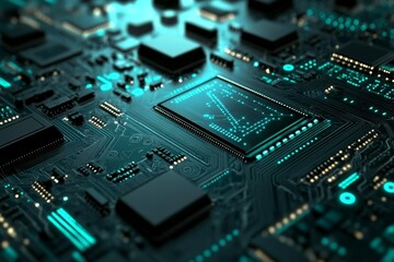 Obraz premium Intricate Electronic Circuit Board with Glowing Technological Components