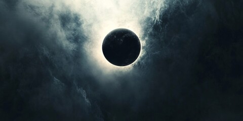 An eerie celestial event unfolds in the sky. A dark silhouette contrasts against swirling clouds. This image captures the mystery and beauty of an eclipse. 
