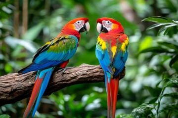 Fototapeta premium A pair of colorful parrots perched on a tree branch in the rainforest, surrounded by lush green foliage