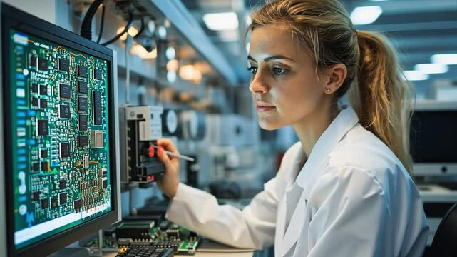 Electronics engineer repairing motherboard using oscilloscope