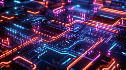 Obraz premium A concept of a digital network represented by glowing circuits and pathways connecting different devices, with a futuristic design and a clean tech environment.