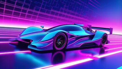 A futuristic racing car design with vibrant neon colors, showcasing a sleek and aerodynamic form.