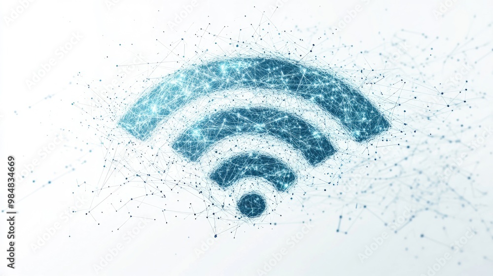 Poster a conceptual image of a wi-fi symbol composed of digital lines and particles, radiating from a centr