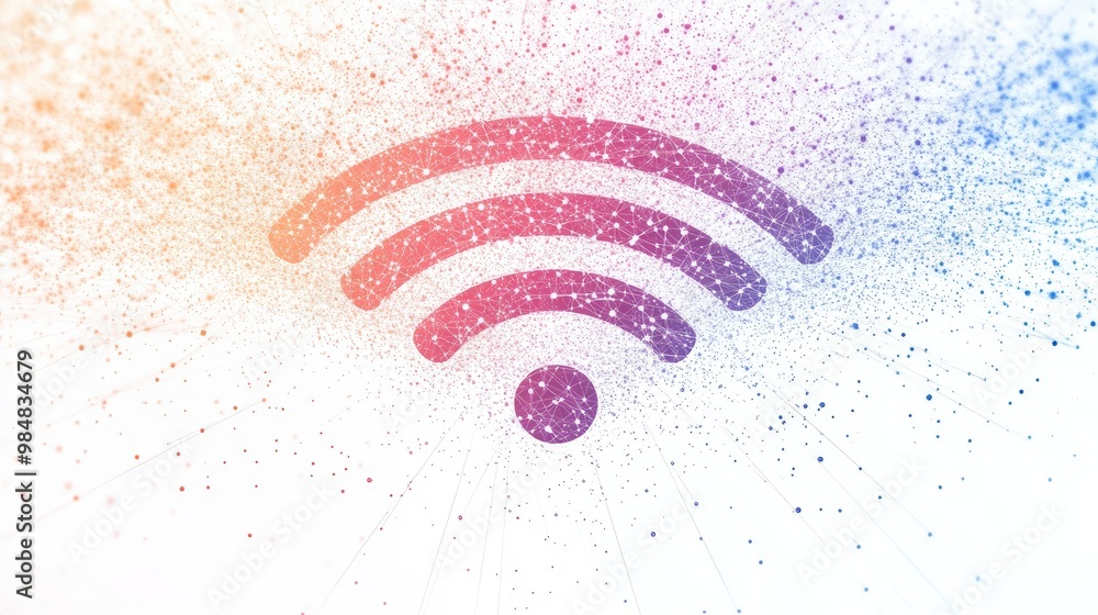 Poster a conceptual image of a wi-fi symbol composed of digital lines and particles, radiating from a centr