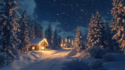 Fototapeta premium A magical winter wonderland scene with tall snow-covered pines, twinkling stars in the night sky, and a warm glow from nearby cabins.