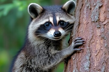 Fototapeta premium A raccoon peeking out from behind a tree, with its little hands holding onto the bark, showcasing its curiosity