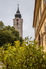 Beautiful city and street shot with St. Francis' Church. Historic city center at day. Summer...
