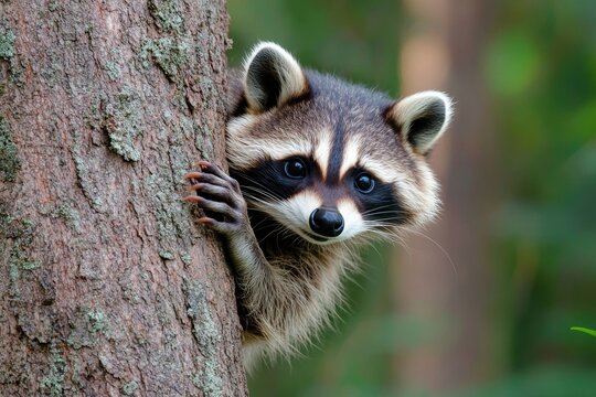 A raccoon peeking out from behind a tree, with its little hands holding onto the bark, showcasing its curiosity