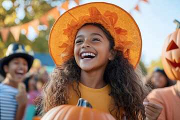 Autumn Outdoor Halloween Party with Little Girl and Friends in a Fun Family Setting