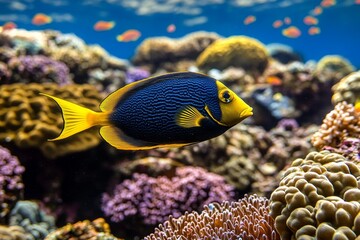 Fototapeta premium A school of tropical fish swimming through a coral reef, surrounded by colorful coral formations
