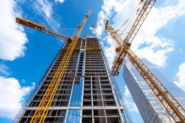 A skyscraper under construction, with cranes and scaffolding surrounding the steel framework