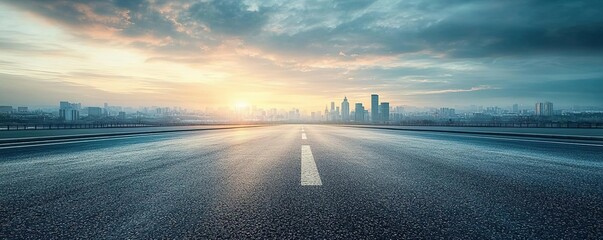 A serene cityscape at dawn, featuring a wide road leading toward the skyline under a cloudy sky.