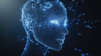 Abstract digital human head with glowing eye, representing AI, digital technology, and innovation.